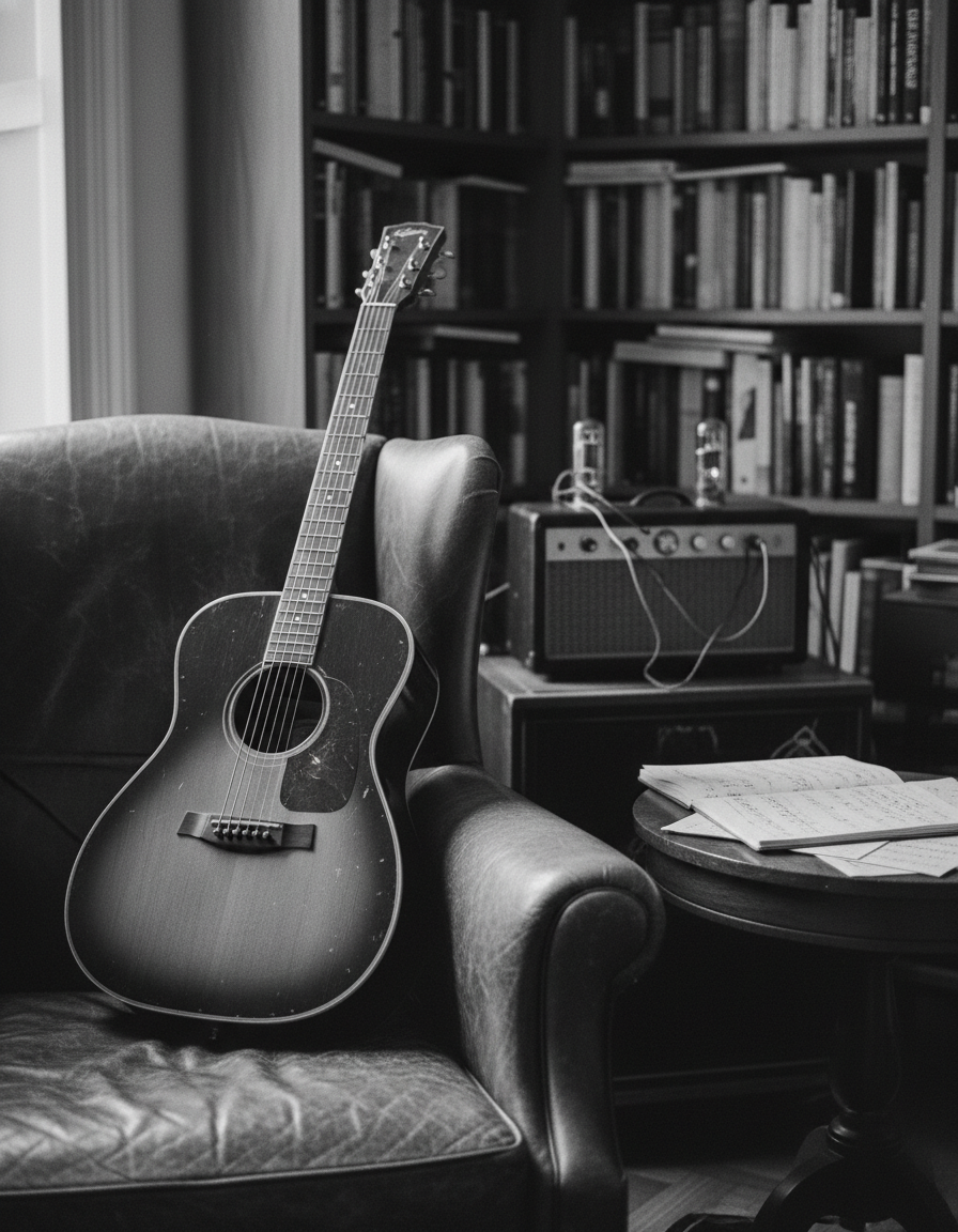 Acoustic guitar resting on a leather chair beside a tube amp and sheet music